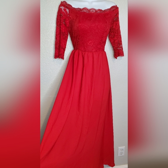 Elegant Red Lace Off-Shoulder Long Gown Maxi Dress Size Small - Picture 6 of 7